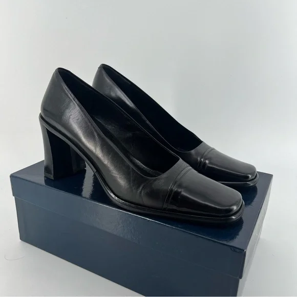 Joan & David Square Toe Block Heel Size 7.5 Black Leather Pumps - Picture 1 of 7